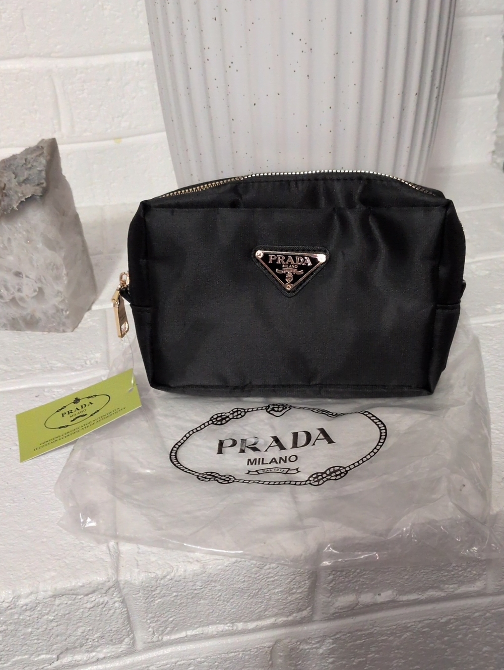 Brand New Designer Inspired Black Nylon Cosmetic Pouch with Gold-Tone Logo